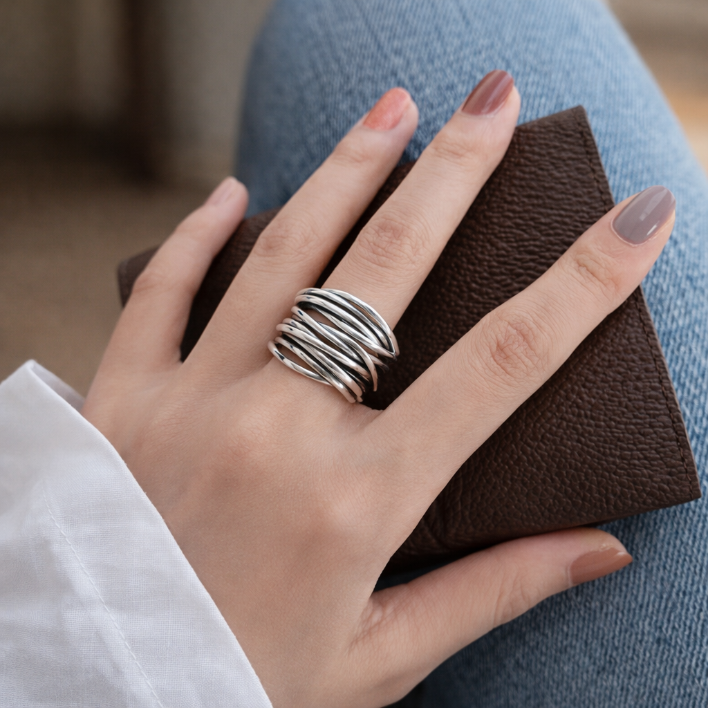 Bague ajustable en couches or blanc | Or blanc