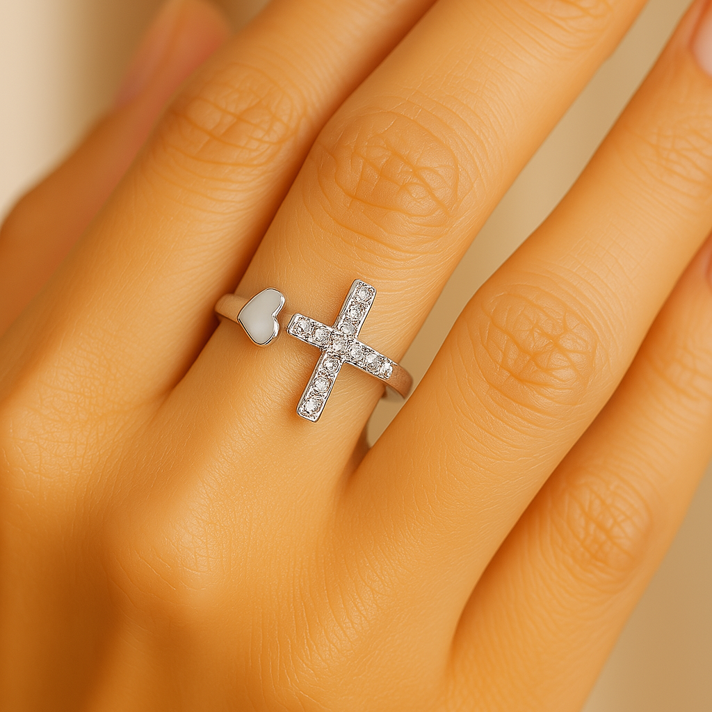 Bague croix rétro réglable « amour » | Or blanc