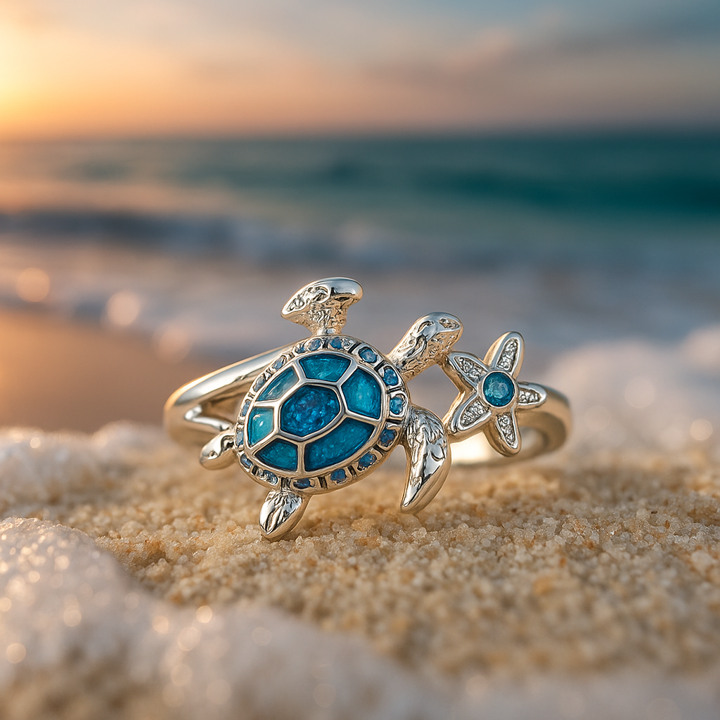 Bague avec tortue et opale bleue | Or blanc
