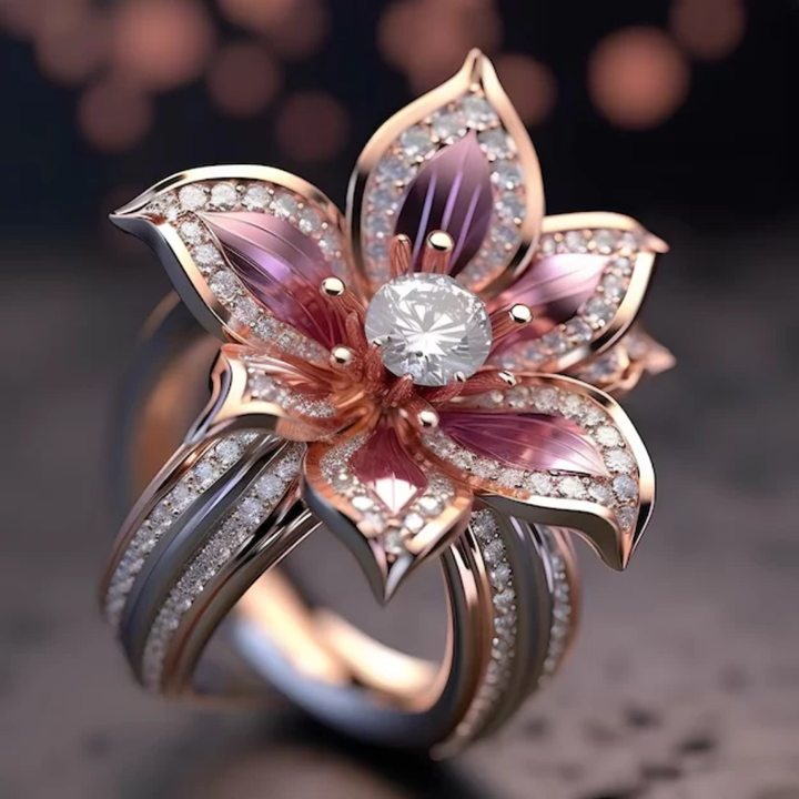 Bague en cristal avec fleur de lotus rose exotique | Or