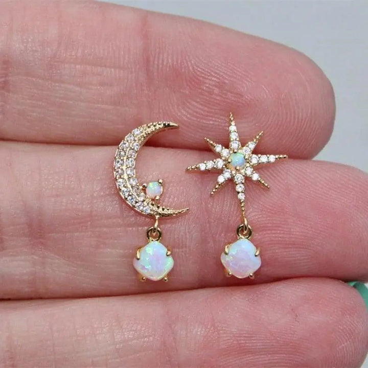 Boucles d'oreilles lune et étoile et opale | Or