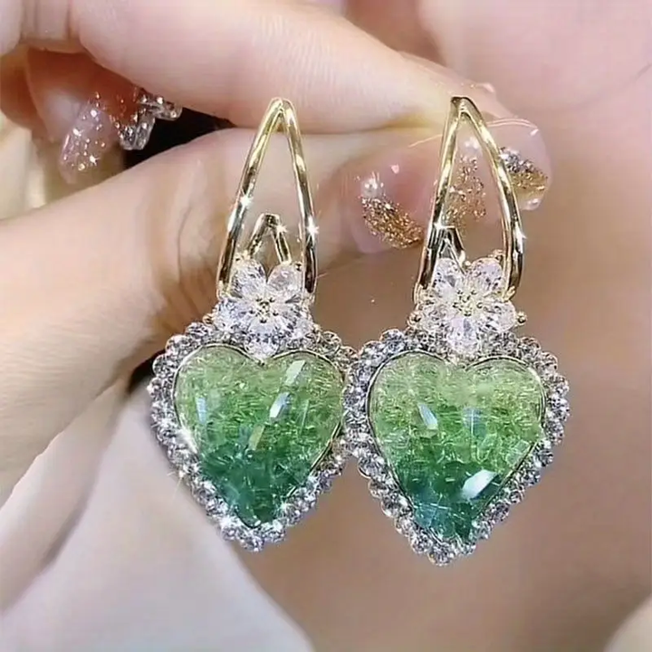 Boucles d'oreilles en forme de cœur brillantes et vertes | Or