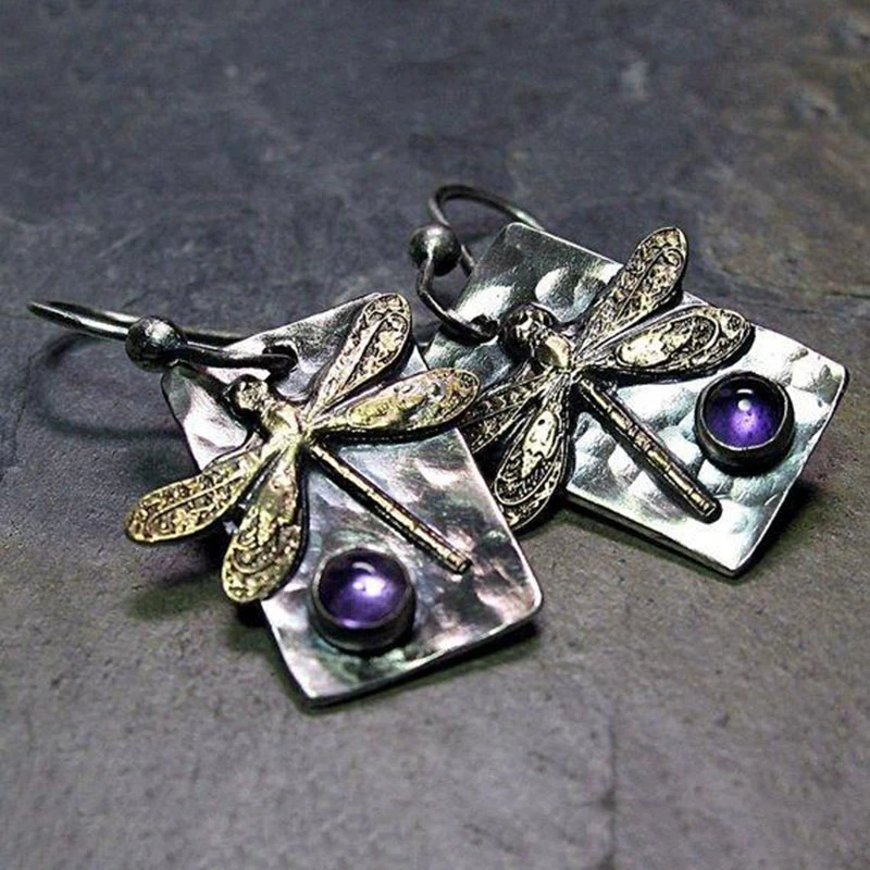 Boucles d'oreilles libellules rétro avec des cristaux violets | Or