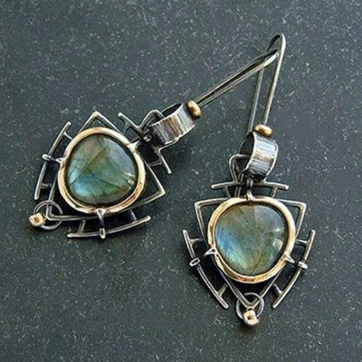 Boucles d'oreilles rétro et or avec labradorite | Or blanc