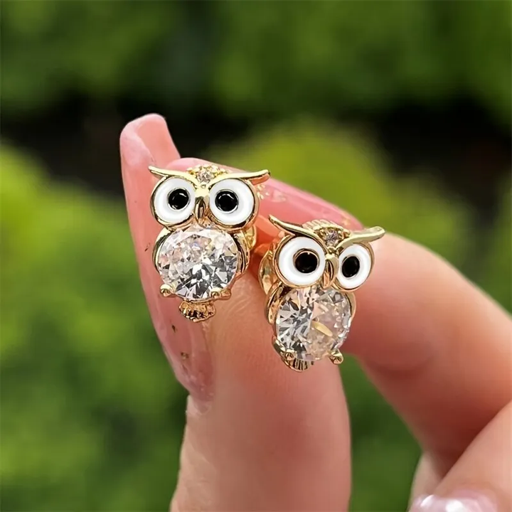Boucles d'oreilles vintage hibou avec cristaux | Or