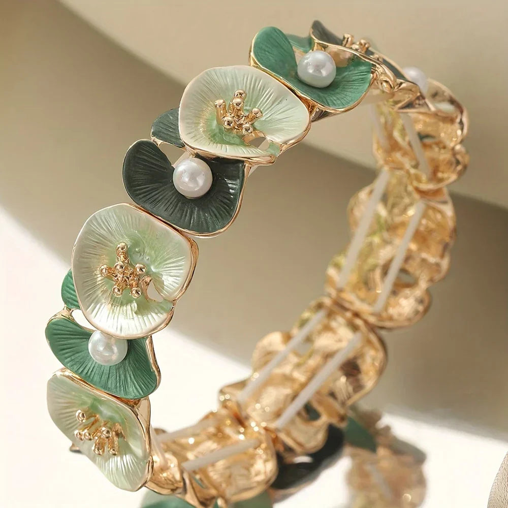 Bracelet vintage avec fleurs vertes et marguerites | Or