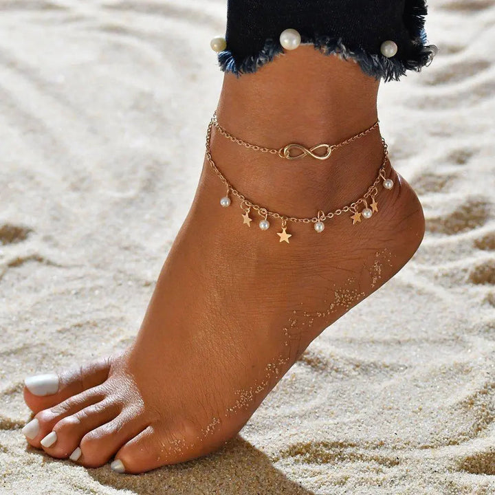 Bracelet cordon infini avec perles et étoiles | Or