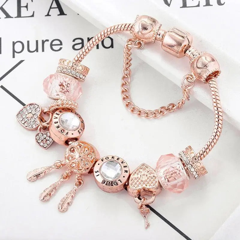 Bracelet capteur de rêves rose avec pendentifs | Or blanc