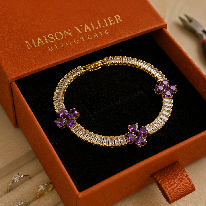 Bracelet en cœur avec améthyste et trèfle | Or