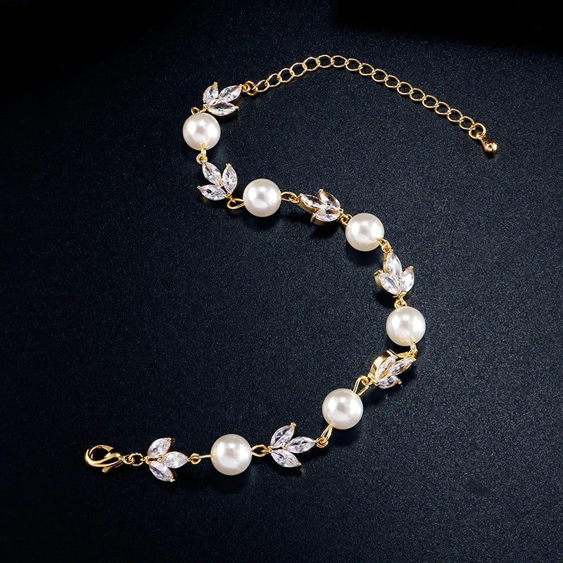 Bracelet rétro avec perles et feuilles dorées | Or