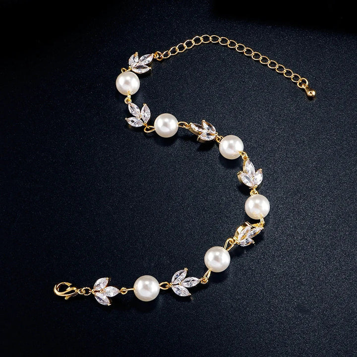 Bracelet rétro avec perles et feuilles dorées | Or