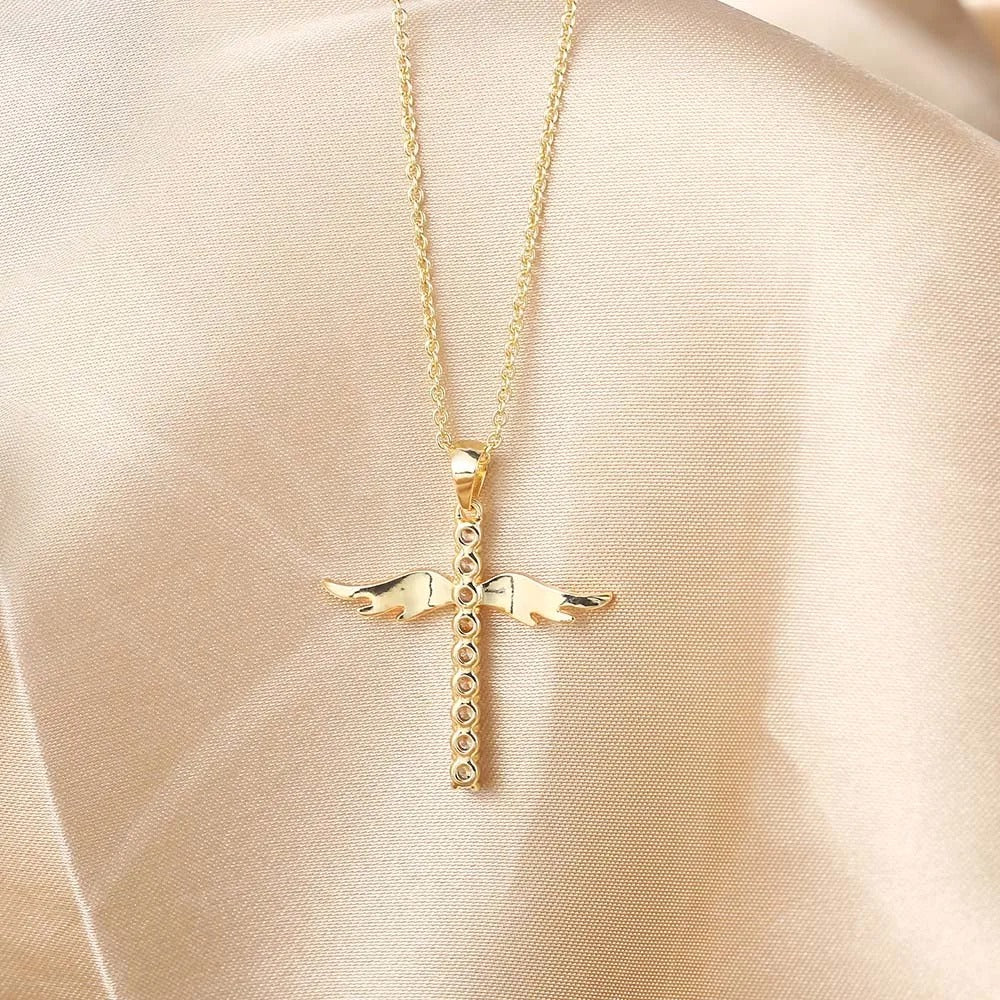 Collier avec croix et ailes d'ange | Or