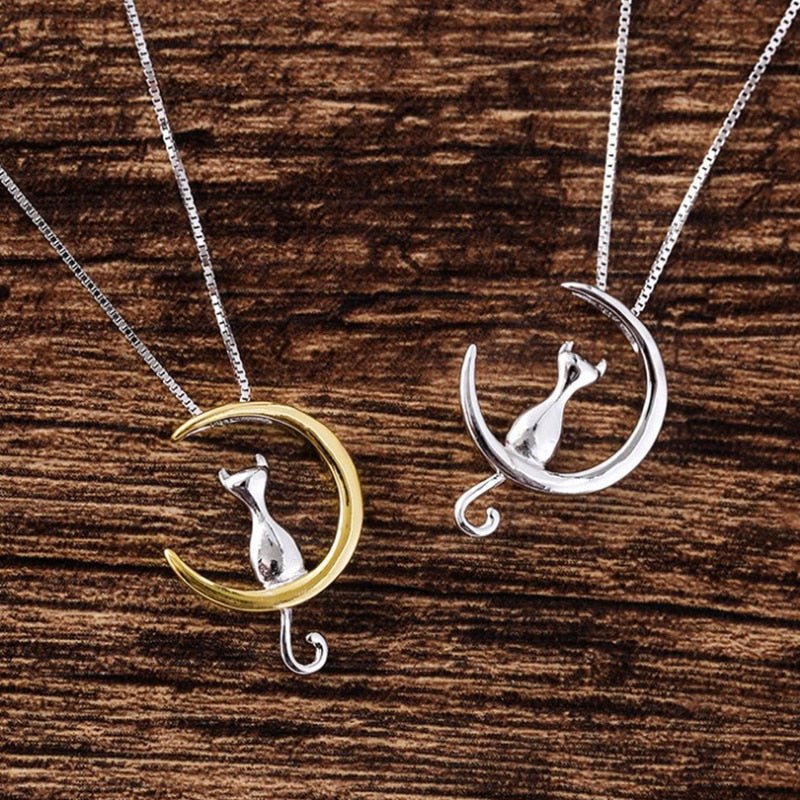 Collier avec lune suspendue et chat | Or