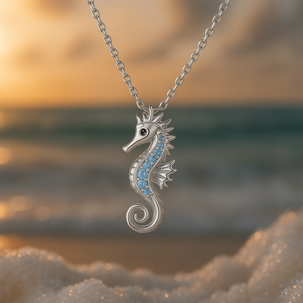 Collier avec hippocampe et opale | Or blanc