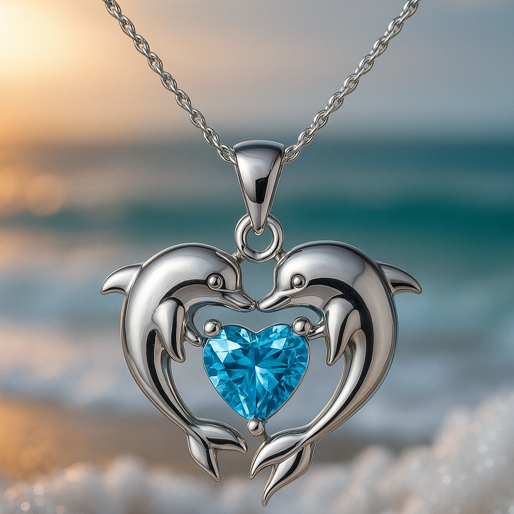 Collier double avec des dauphins de l'amour | Or blanc