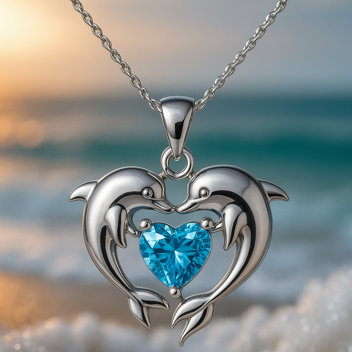 Collier double avec des dauphins de l'amour | Or blanc