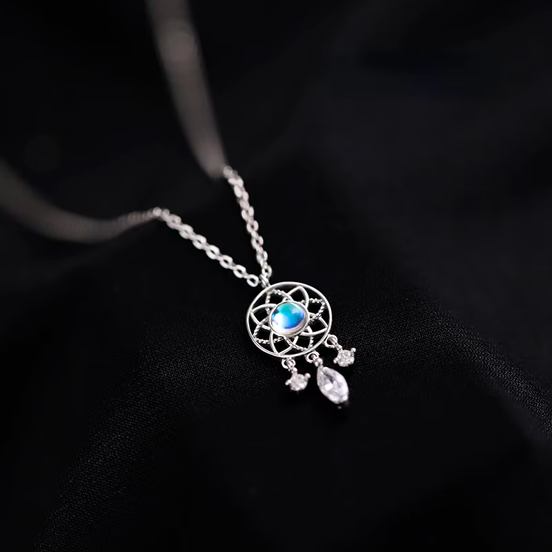 Collier en pierre de lune - Attrape-rêves | Or blanc