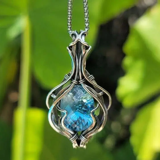 Collier rétro bleu | Or blanc