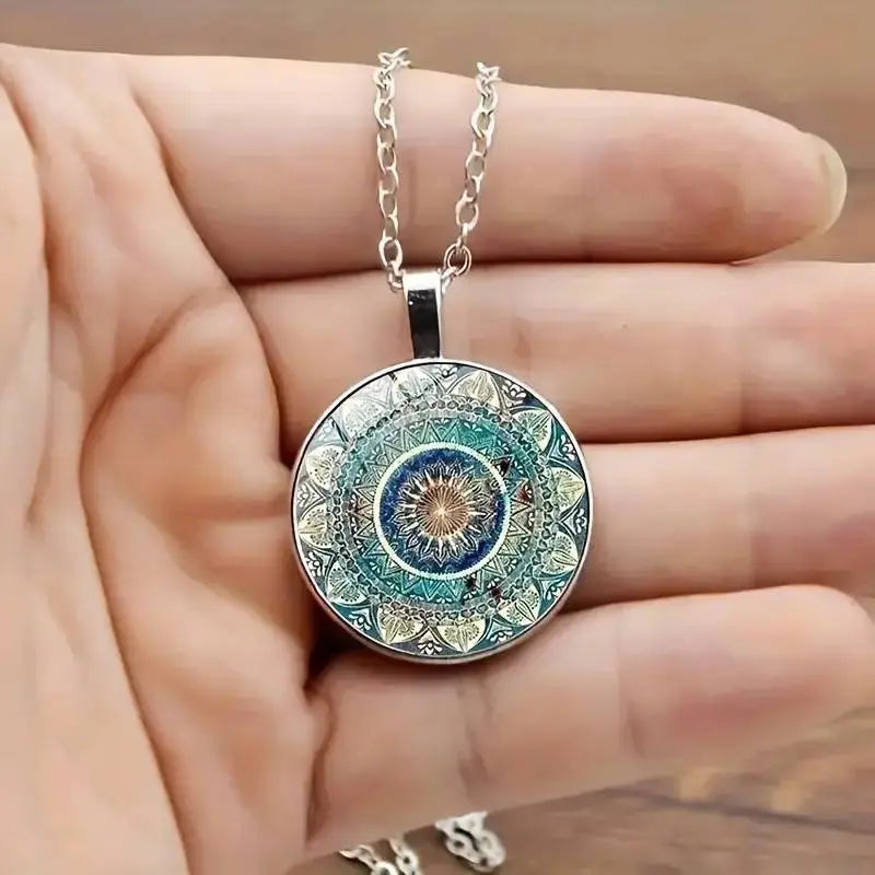 Collier rétro rond avec des mandalas bleus | Or
