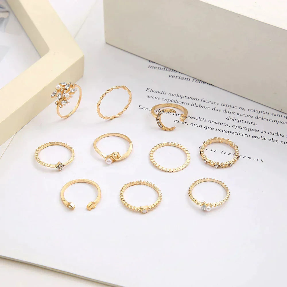 Ensemble de 10 anneaux empilables ornés d'or blanc et d'or | Or blanc