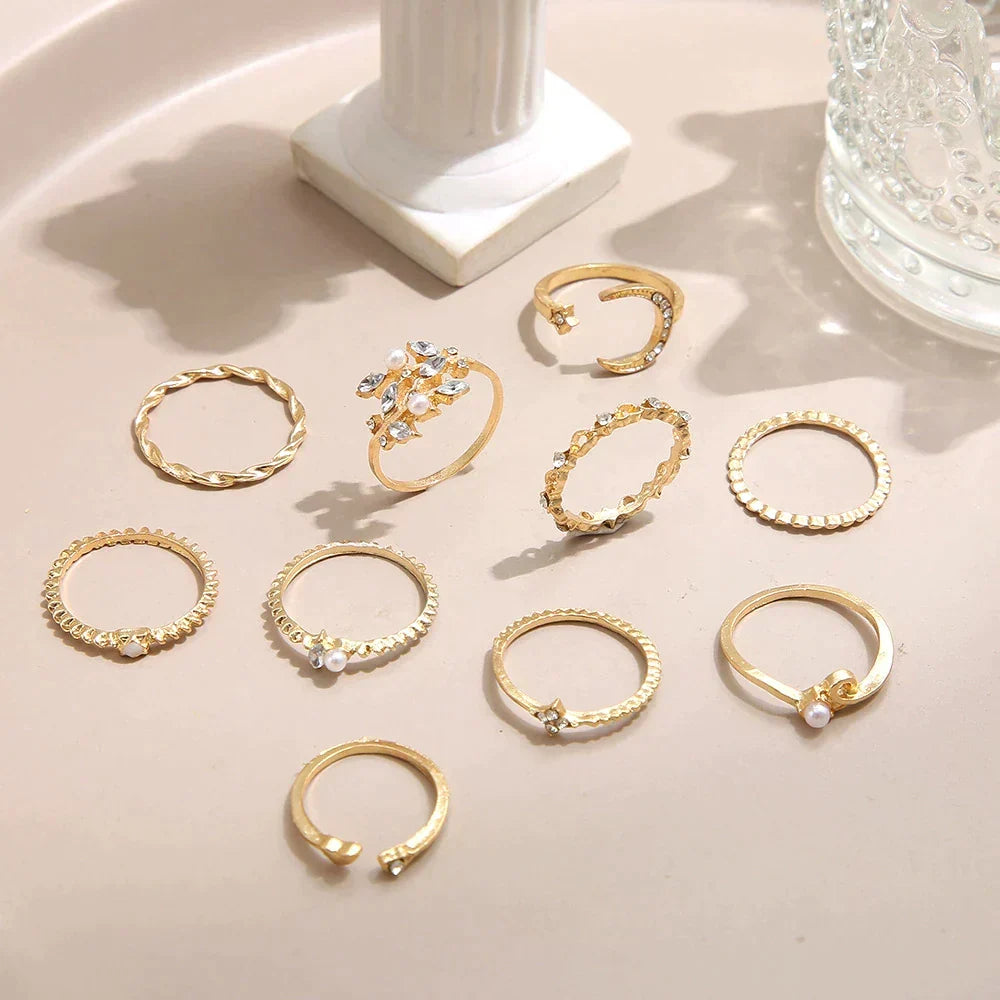 Ensemble de 10 anneaux empilables ornés d'or blanc et d'or | Or blanc