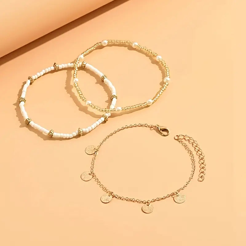 Ensemble de 3 bracelets de cheville superposés, charme côtier | Or