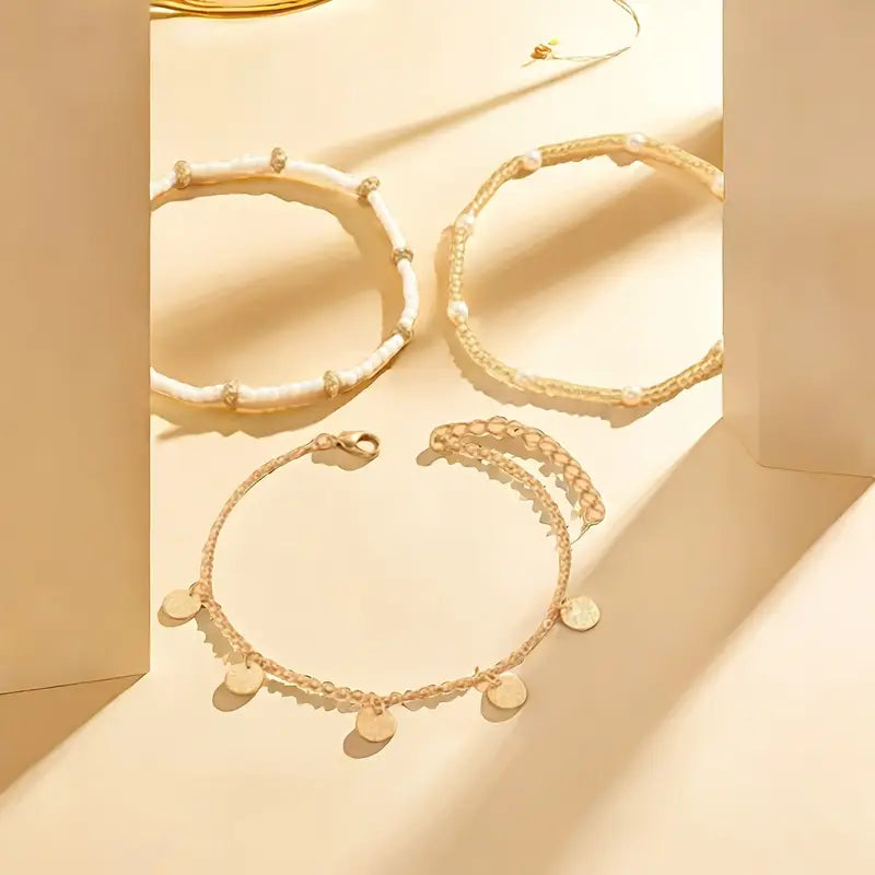 Ensemble de 3 bracelets de cheville superposés, charme côtier | Or