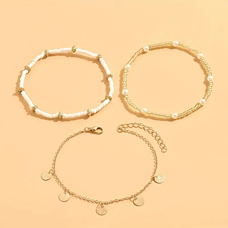 Ensemble de 3 bracelets de cheville superposés, charme côtier | Or