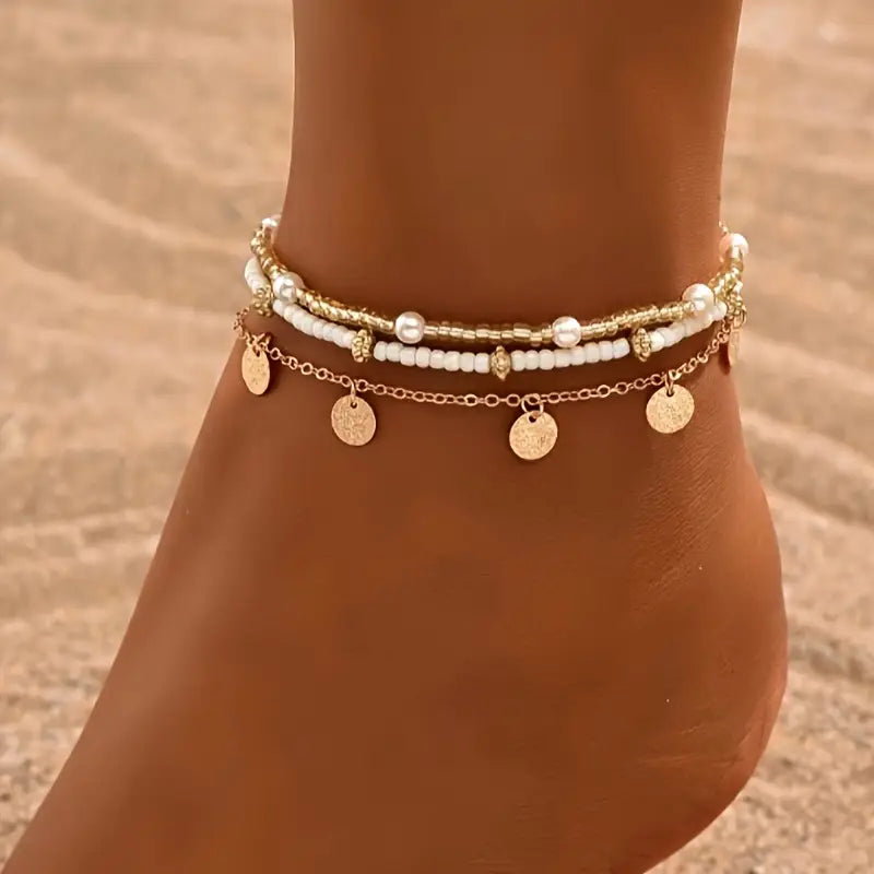 Ensemble de 3 bracelets de cheville superposés, charme côtier | Or
