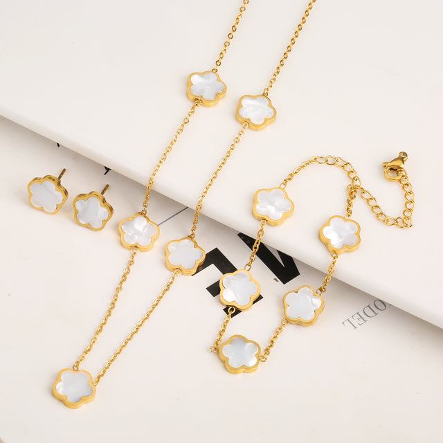Ensemble trèfle : bracelet, collier et boucles d'oreilles | Or