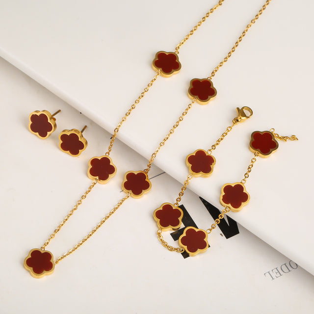 Ensemble trèfle : bracelet, collier et boucles d'oreilles | Or