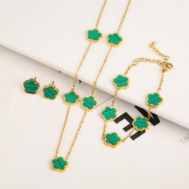 Ensemble trèfle : bracelet, collier et boucles d'oreilles | Or